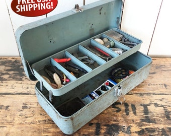 Distressed Vintage Blue Metal Tackle Box Old Fishing Gear Metal Box With  Lid Old Fishing Gear Metal Box to Display Fishing Decor 