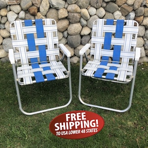 Two Vintage Poly Web Lawn Chairs - Blue & White, Vintage Camping Chair, Lightweight Folding Aluminum Patio Chairs, Matching Pair