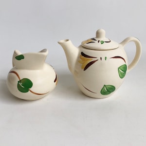 Vintage Purinton Slip Ware Teapot & Pitcher - Creamer - Hand-painted Ivy Yellow Blossom Pattern