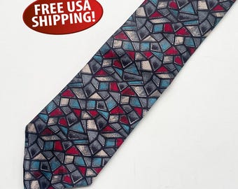 Vintage Pierre Cardin Necktie, Gray Blue Red Geometric Pattern