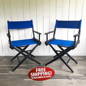 Vintage Telescope Furniture Wood & Canvas Folding Directors Chair, Blue Canvas, USA Made Designer Director&#39;s Chair, Glamping Chair