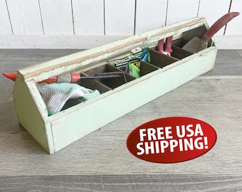 Chippy Mint Green Wooden Tool Tote, Farmhouse Table Centerpiece