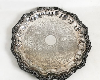 Mid-Century Silver Plated Serving Tray, Engraved Copper, Wedding Platter