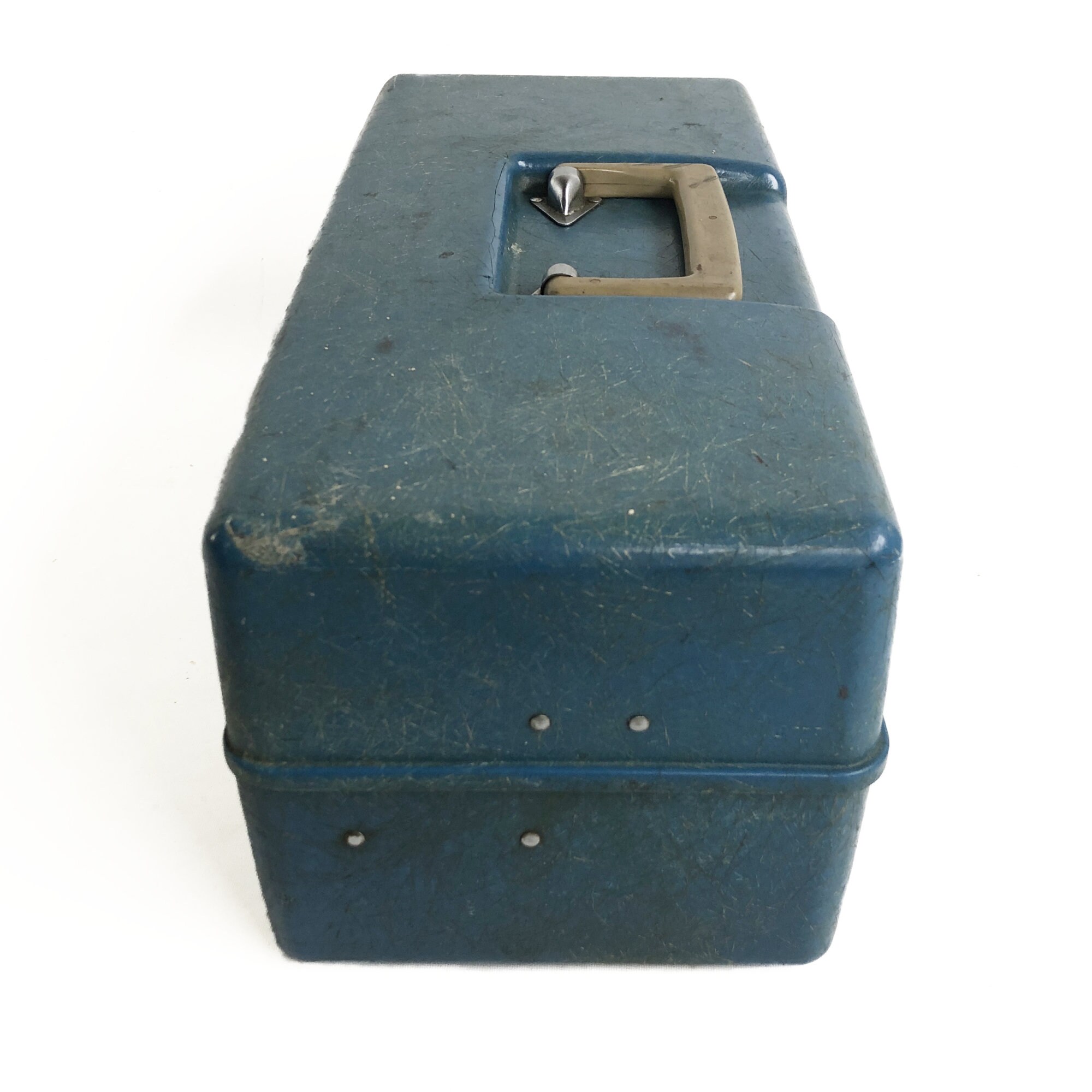 fiberglass tackle box Vintage Blue Fiberglass Tackle Box: Mid-century Fishing Lures & Gear