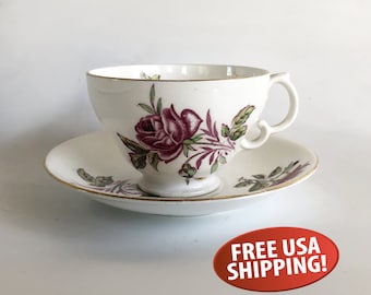 Adderley English Bone China Tea Cup & Saucer, Purple Rose, Made in England