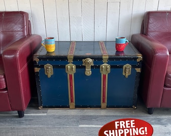 1950s Steamer Trunk with Tray: Blue & Red Stripe, Large Storage Chest, Side Table