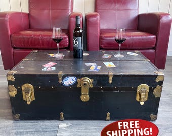 Vintage 1930s-40s Travel Trunk with Travel Stickers: Coffee Table Trunk, Storage or Decor Luggage