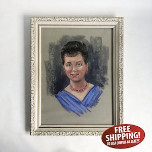 Original Midcentury Pastel Portrait of a Lovely Woman, Framed and Signed by the Artist, 1960s Portrait of a Lady image 1