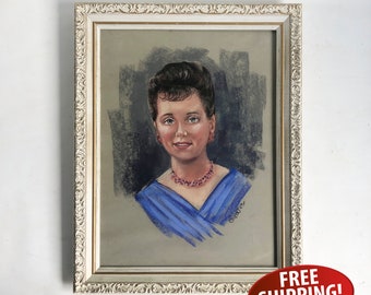 Original Midcentury Pastel Portrait of a Lovely Woman, Framed and Signed by the Artist, 1960s Portrait of a Lady