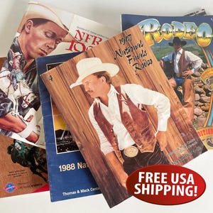 May include: A collection of vintage rodeo programs and event guides. The covers feature illustrations of cowboys, rodeo events, and the text "NFR", "Rodeo", and "1987 National Finals Rodeo". The programs are in various colors, including blue, brown, and white.