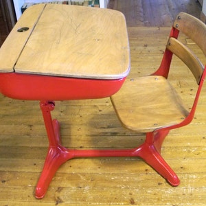 Mid-Century Elementary School Desk with Inkwell Red with Nicely Distressed Wood image 3