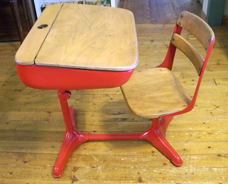 Mid-Century Elementary School Desk with Inkwell Red with Nicely Distressed Wood image 3