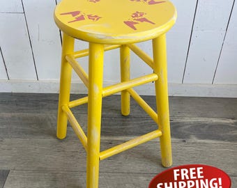 Distressed 24" Yellow Wooden Stool with Hand-Stenciled Dala Horse Graphics: Swedish Farmhouse Decor