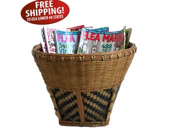 Vintage Hand-made, Wicker & Bamboo Basket, Southeast Asia, Asian Folk Art, Magazine Storage, Knitting Basket, Waste Can