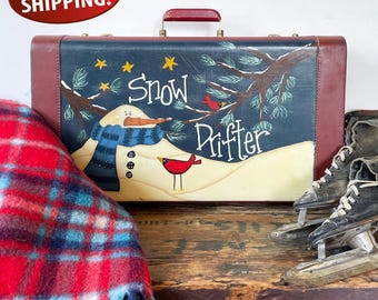 Vintage Suitcase Hand-Painted with a Holiday - Winter Scene: Snowman Art on Luggage, Holiday Decor