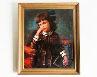 Vintage Child Portrait Oil Painting: Framed Girl Art, 1965 (24" X 28")