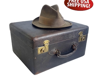 1920s-30s Deitsch Brown Leather Suitcase: 16" Travel Case, Vintage Luggage, Wedding Card Holder