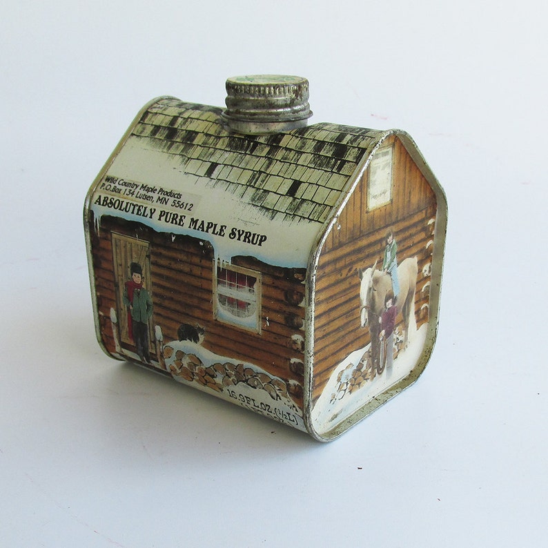 Maple Syrup Log Cabin Tin Etsy Maple Syrup Log Cabin Tin Etsy
