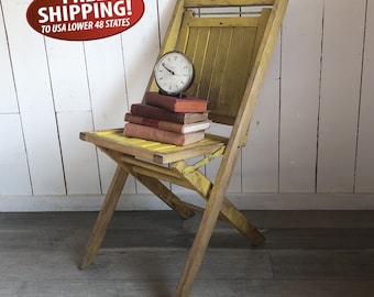 Chippy Yellow Simmons Wooden Folding Chair, Primitive Farmhouse Decor