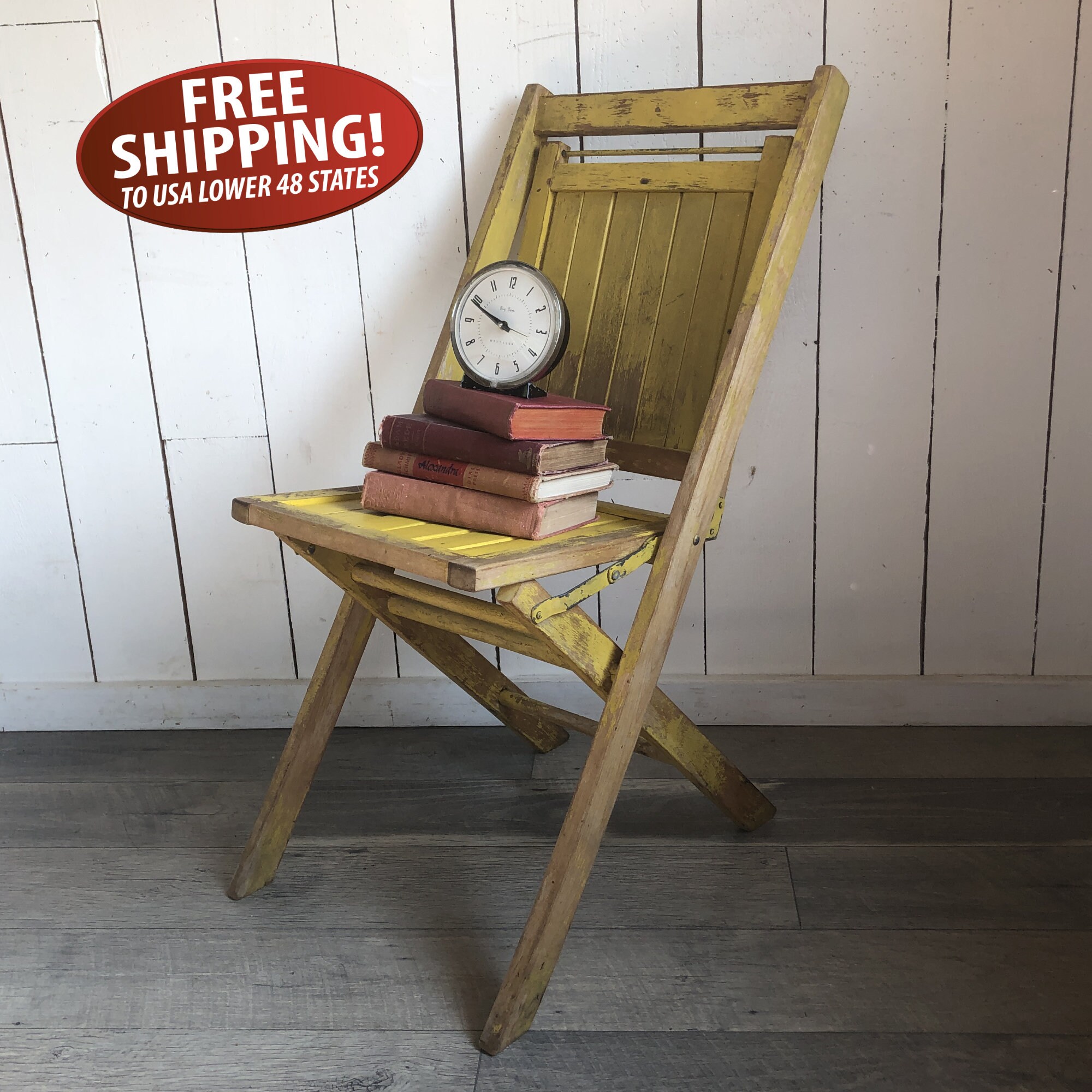 Chippy Yellow Simmons Wooden Folding Chair, Primitive Farmhouse