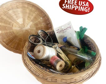 Vintage Sewing Basket with Notions, Calico Lined Wicker Mending Basket