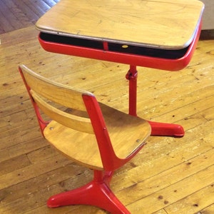 Mid-Century Elementary School Desk with Inkwell Red with Nicely Distressed Wood image 2