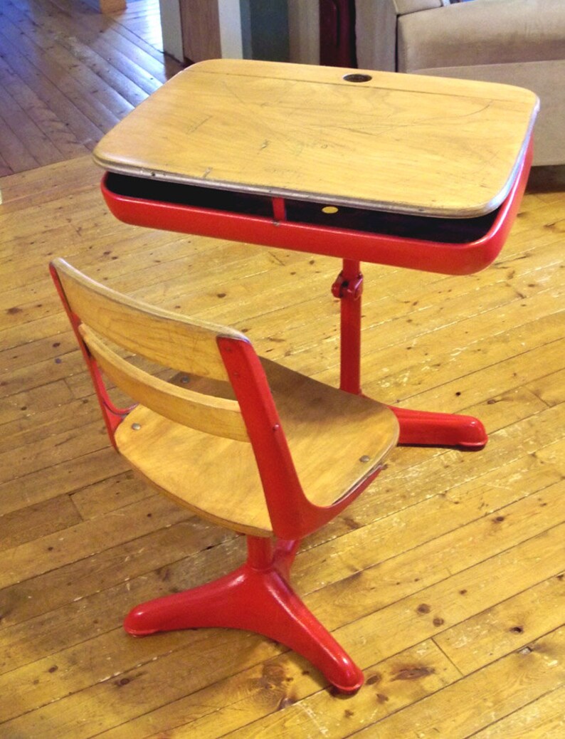 Mid-Century Elementary School Desk with Inkwell Red with Nicely Distressed Wood image 2