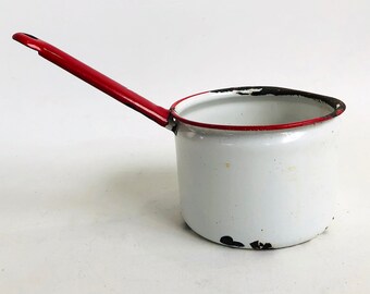 Distresssed Red & White Enamelware Pot - Porcelain Enamel Sauce Pan - Farmhouse Chic Decor Piece