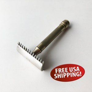 rasoir Gillette vintage, années 1920-1930, rasoir à long peigne, laiton et nickel, collectionneur de rasoirs, cadeau pour homme