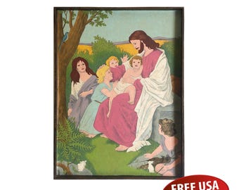 Original Mid Century Jesus with Children Paint-by-Number Felt Painting, Framed 18.5" X 24.5", Religious Kitsch