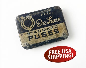 Midcentury Varcon Automobile Fuse Tin with Fuses: Blue & White Advertising Tin
