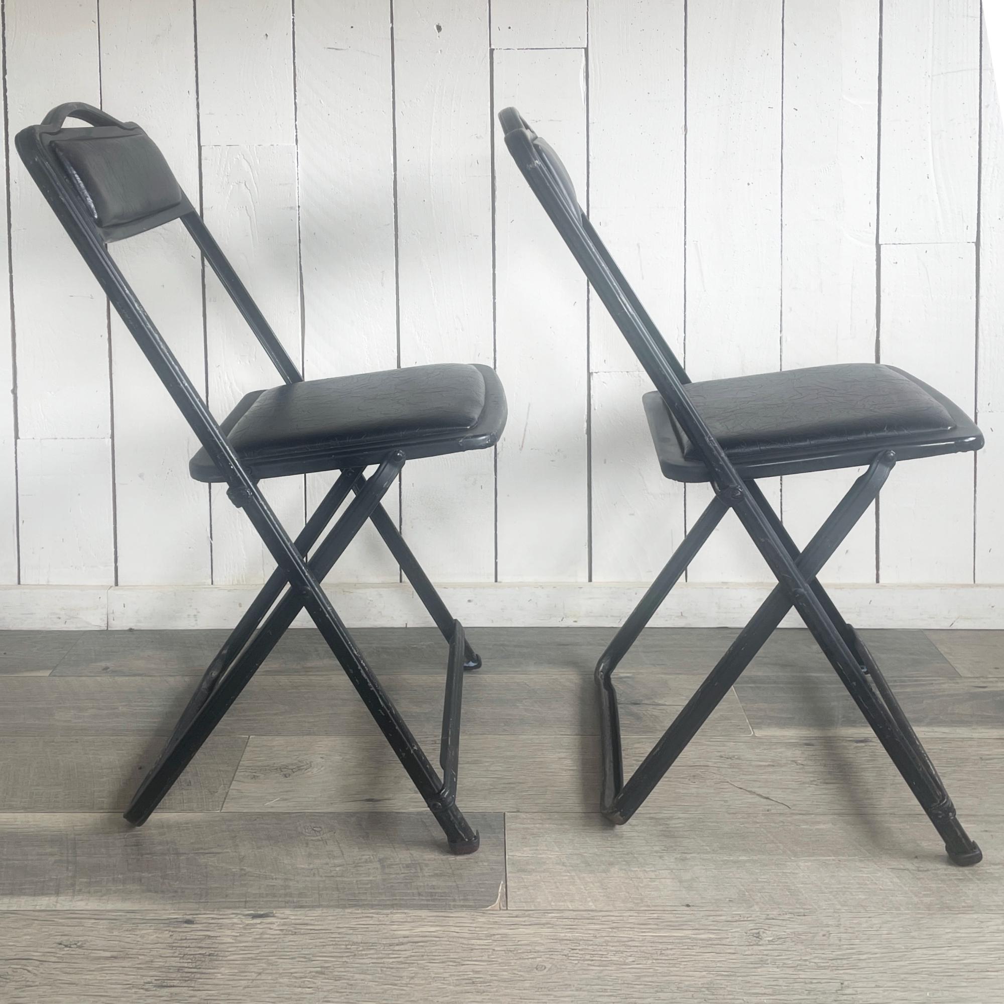 Set of Two Vintage Black Metal Folding Chairs: Retro Extra Seating