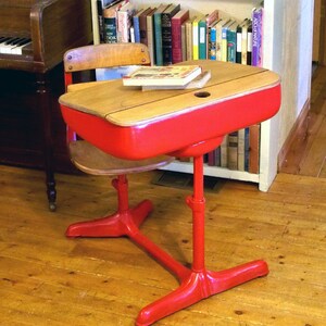 Mid-Century Elementary School Desk with Inkwell Red with Nicely Distressed Wood image 1