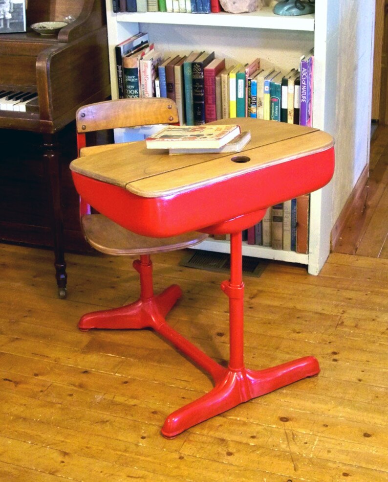 Mid-Century Elementary School Desk with Inkwell Red with Nicely Distressed Wood image 1