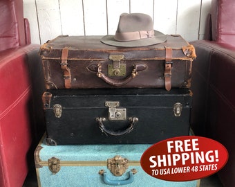 1930s-1940s Distressed Belber Leather Suitcase, Stacking Decor Suitcase, Prop Suitcase