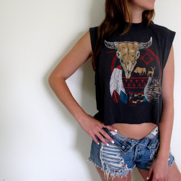 Arizona Cropped Tank Crop Top Navajo Sleeveless Tee Feathers Native American Indian Tribal Aztec Print Buffalo Skull