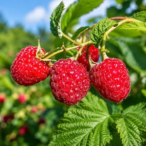 May include: Three ripe, bright red raspberries hang from a green stem with textured leaves. The berries have a distinct bumpy, aggregate surface structure and are attached to a thin, light green branch with serrated green foliage visible.