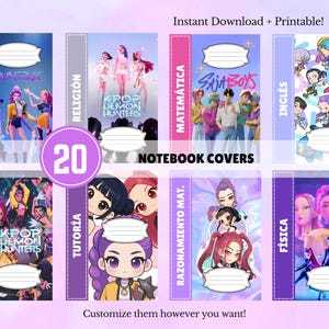 May include: A collection of 20 printable notebook covers with various designs. The covers feature colorful illustrations and text, including "KPOP DEMON HUNTERS" and "SAJABOYS". The covers are labeled with subjects like "COMMUNICATION", "HISTORY", and "ENGLISH". The text "Instant Download + Printable!" is also visible.