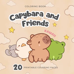May include: A colouring book cover with the title "Capybara and Friends" and illustrations of a cat, duck, capybara, and frog. The cover has a light brown background with clouds and stars. The text "20 Printable Colouring Pages" is also included.