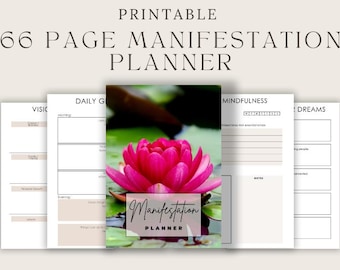 May include: A printable 66-page manifestation planner with a pink lotus flower image. The planner includes sections for daily goals, mindfulness, and dreams. The text on the image reads "Manifestation Planner" and "Instant Printable Download - A4 Size."