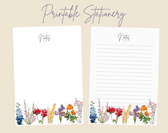 Wildflower Watercolor Stationery Set: Floral Notepaper, Lined & Blank (Digital Download), Floral Letter Paper, Letter Writing Paper