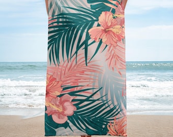 Toalla de playa tropical, toalla hawaiana floral, diseño de palmeras
