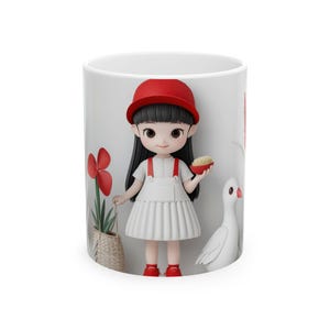 Mug, cartoon girl with goose in minimalist, plants cute dress adorable hat, Coffee Cup, Tea Mug, Ceramic Mug, Kitchen Decor, Gift for Her,