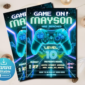 Video Game Birthday Invitation, Neon Blue Gamer Party Invite, Controller Level Up Birthday, Editable Canva Template, Boy Birthday Bash