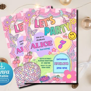 Retro Patch Letter Birthday Invitation, Girls Varsity  Party Invite, Preppy Tween Birthday, Editable Canva