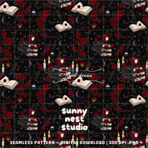 May include: A seamless digital download pattern with a dark backdrop, showcasing repeating illustrations. The design incorporates red roses, open books, keys, candles, moons, and butterflies. The text "Hand-drawn" and "sunny nest studio" are also visible.