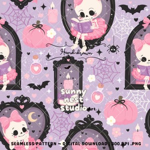Cute Skeleton Girl Seamless Pattern Pink Halloween Coquette Gothic Haunted Gallery Digital Paper Pastel Goth Pumpkin Floral