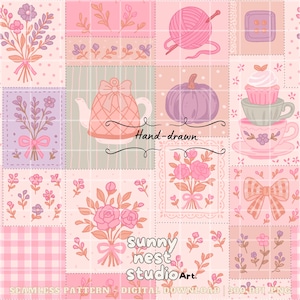 Könnte beinhalten: Ein nahtloses digitales Muster mit einem Patchwork-Design. Das Design umfasst Blumensträuße, eine Teekanne, einen Kürbis und einen Cupcake. Die Farbpalette ist sanft, mit rosa, lavendel und grünen Farbtönen. Der Text "Hand-drawn" und "Sunny Nest Studio Art" sind sichtbar.