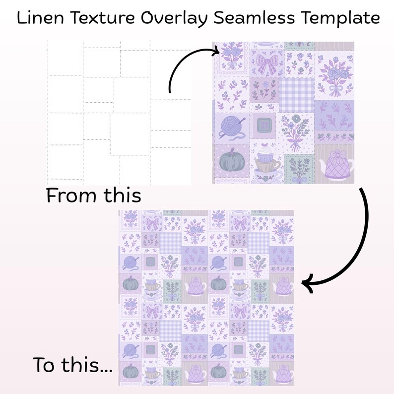 May include: A digital graphic titled Linen Texture Overlay Seamless Template showing a grid layout transformed into a repeating pattern. The design features light purple and lavender motifs including bouquets, bows, yarn, pumpkins, and teapots.