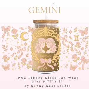May include: A glass can wrap with a Gemini theme. The design features two women's profiles, bows, roses, butterflies, and the word "Gemini". The wrap is 24.77 cm x 12.7 cm and has a wooden lid and a straw.